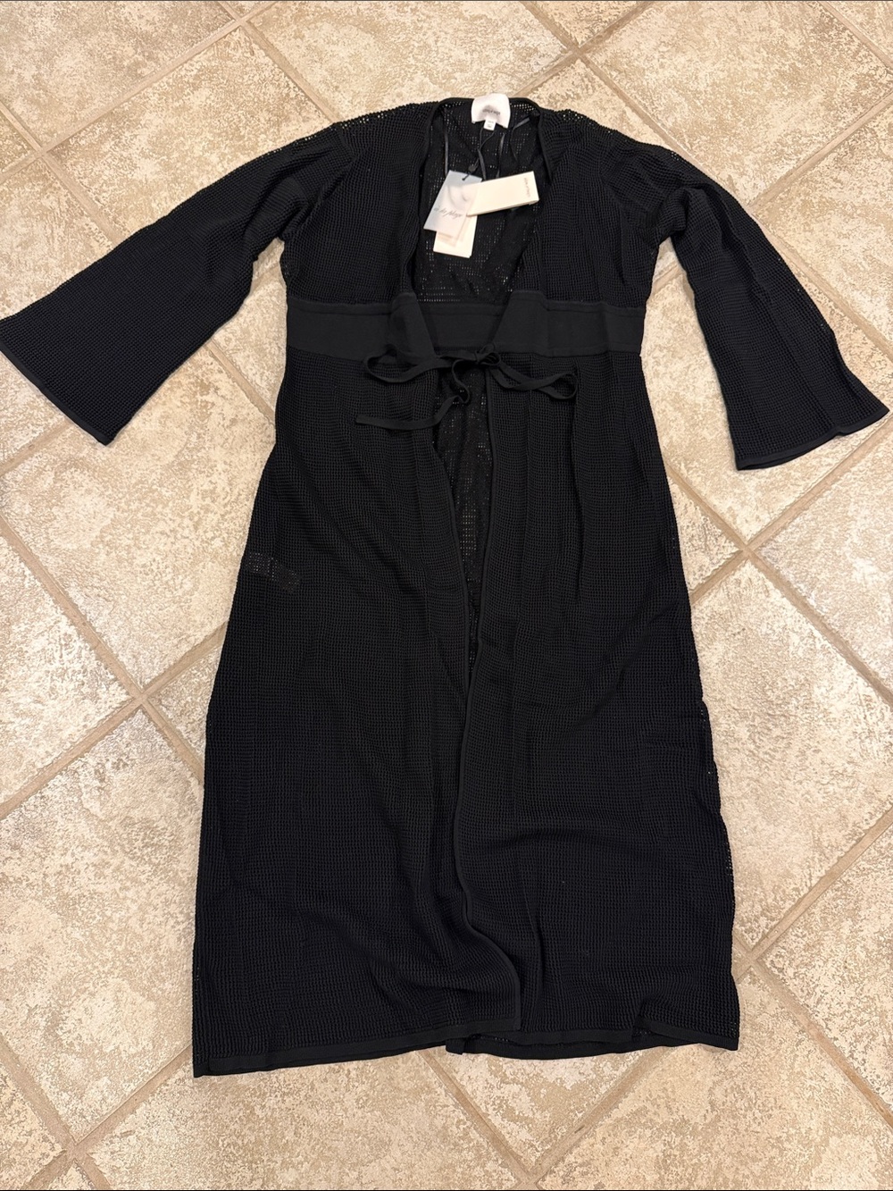 cinq a sept Black Waffle-Knit Tie-Waist Robe